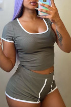 Grey Casual Solid Basic O Neck Short Sleeve Two Pieces