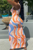 Orange Sexy Print Patchwork Spaghetti Strap A Line Dresses