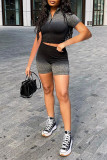 Black Fashion Casual Gradual Change Print Basic Zipper Collar Short Sleeve Two Pieces