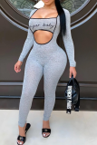 Silver Sexy Print Hollowed Out Square Collar Skinny Jumpsuits