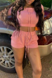 Pink Fashion Casual Solid Bandage O Neck Short Sleeve Two Pieces