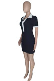 Black Fashion Casual Solid Patchwork Turndown Collar Short Sleeve Dress