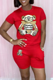 Yellow Fashion Casual Print Basic O Neck Short Sleeve Two Pieces