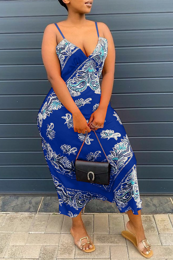 Blue Sexy Print Patchwork Spaghetti Strap Straight Dresses
