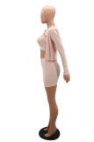 Pink Sexy Casual Solid Cardigan Vests O Neck Long Sleeve Three-piece Set