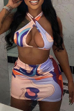 Pink Sexy Print Hollowed Out Patchwork Swimwears