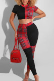 Red Casual Plaid Print Split Joint O Neck Short Sleeve Two Pieces