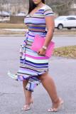 Light Purple Fashion Casual Plus Size Striped Print Slit O Neck Short Sleeve Dress