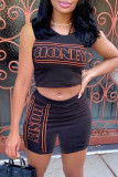 Black Sexy Casual Letter Print Backless One Shoulder Sleeveless Two Pieces