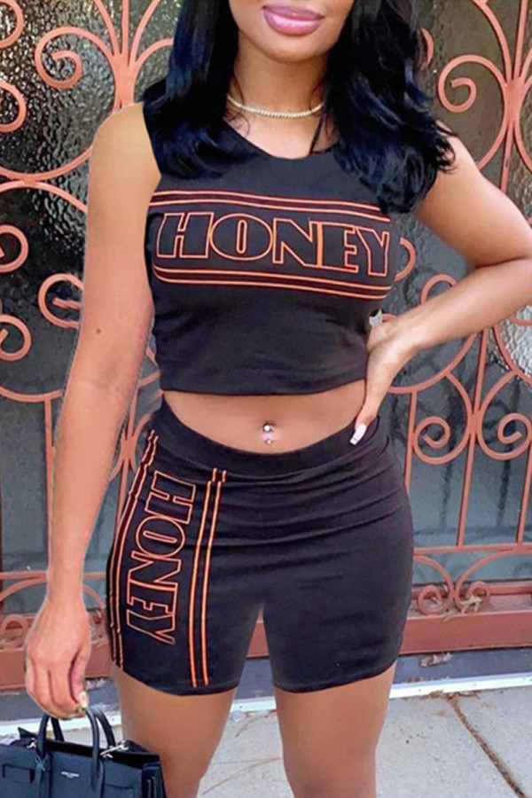 Black Sexy Casual Letter Print Backless One Shoulder Sleeveless Two Pieces