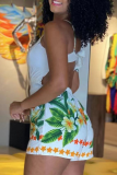 Blue Sexy Print Hollowed Out Halter Skinny Rompers
