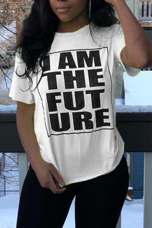 White Casual Letter Print Patchwork O Neck T-Shirts