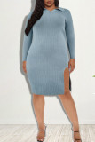Pink Fashion Casual Solid Slit Turndown Collar Long Sleeve Dresses