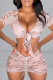 Pink Sexy Print Patchwork V Neck Short Sleeve Two Pieces