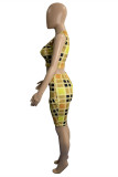 Yellow Fashion Casual Plaid Print Vests O Neck Sleeveless Two Pieces