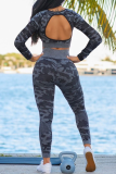 Camouflag Gray Casual Camouflage Print Patchwork U Neck Long Sleeve Two Pieces