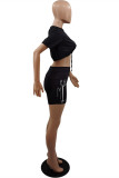 Black Fashion Casual Print Bandage O Neck Half Sleeve Two Pieces