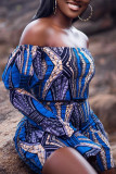 Blue Sexy Casual Print Backless Off the Shoulder Long Sleeve Two Pieces