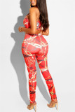 Red Sexy Casual Print Backless U Neck Sleeveless Two Pieces