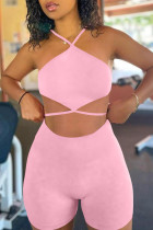 Pink Fashion Sexy Solid Hollowed Out Backless Halter Sleeveless Two Pieces