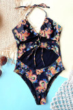 Black Fashion Sexy Print Hollowed Out Backless Strap Design Swimwears
