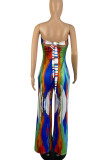Blue Sexy Print Bandage Patchwork Strapless Straight Jumpsuits