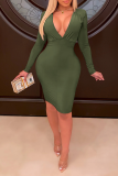 Color Blue Sexy Solid Patchwork V Neck Pencil Skirt Dresses