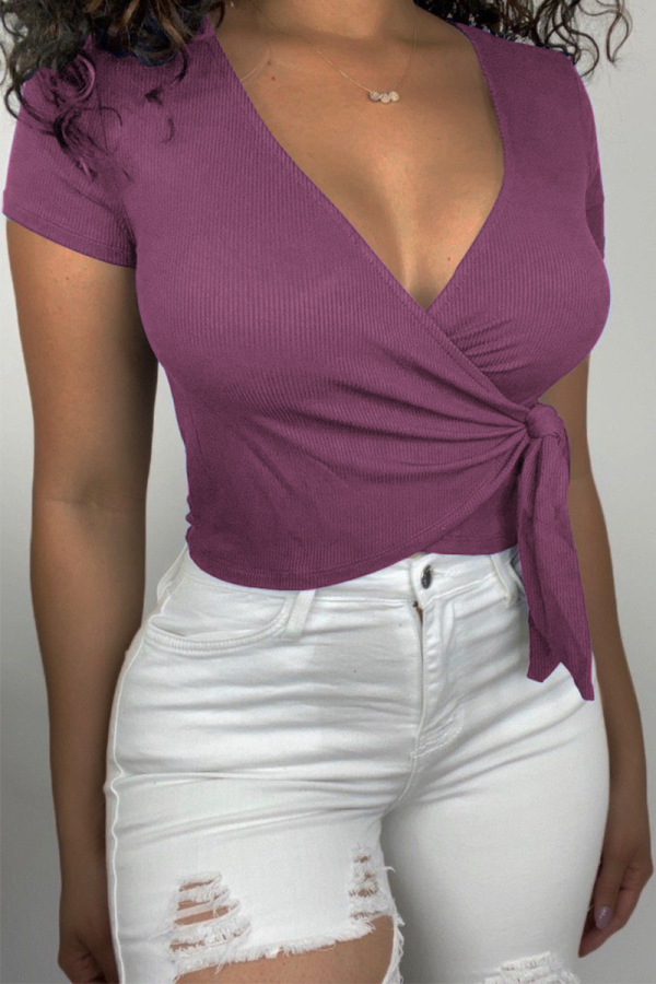 Purple Sexy Solid Bandage V Neck T-Shirts