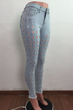 Light Blue Sexy Solid Hollowed Out Mid Waist Skinny Denim Jeans