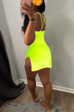 Fluorescent Green Sexy Solid Hollowed Out Halter Pencil Skirt Dresses