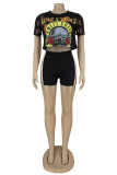 Green Fashion Casual Print Patchwork O Neck Short Sleeve Two Pieces