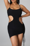 Pink Fashion Sexy Solid Hollowed Out Backless Spaghetti Strap Sleeveless Dress