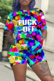 Colour Casual Print Patchwork O Neck Short Sleeve Two Pieces