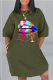 Army Green Casual Print Patchwork O Neck Straight Dresses