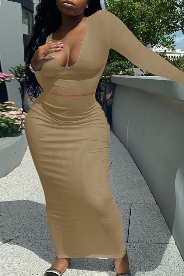 Brownness Sexy Solid Patchwork V Neck Long Sleeve Two Pieces