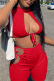Red Fashion Sexy Solid Bandage Hollowed Out Half A Turtleneck Short Sleeve Two Pieces