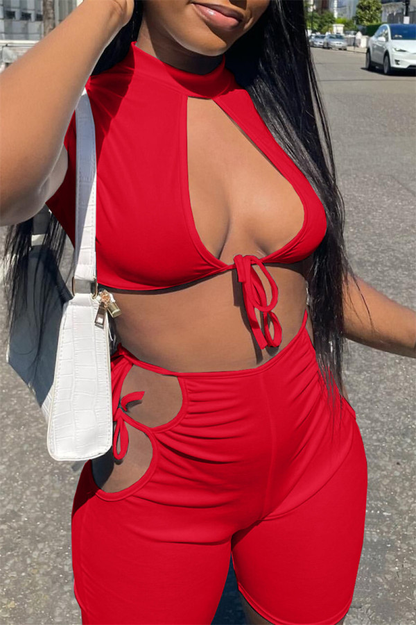 Red Fashion Sexy Solid Bandage Hollowed Out Half A Turtleneck Short Sleeve Two Pieces