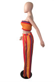 Multicolor Sexy Casual Striped Print Backless Strapless Sleeveless Two Pieces
