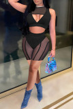 Red Fashion Sexy Patchwork Hollowed Out See-through O Neck Sleeveless Two Pieces