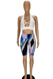 Rose Red Sexy Print Hollowed Out Patchwork Halter Sleeveless Two Pieces
