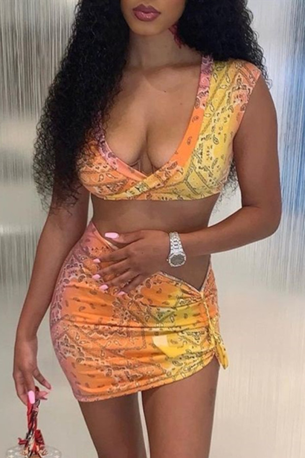 Yellow Fashion Sexy Print Basic V Neck Sleeveless Two Pieces