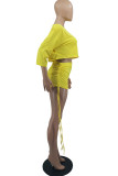 Yellow Fashion Casual Solid Fold O Neck Half Sleeve Two Pieces