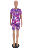 Purple Casual Print Patchwork O Neck Short Sleeve Two Pieces