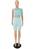 Light Blue Fashion Sexy Solid Hollowed Out See-through O Neck Short Sleeve Two Pieces