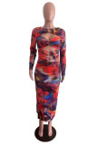 Multicolor Fashion Sexy Print Hollowed Out O Neck Long Sleeve Dresses
