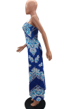 Blue Sexy Print Patchwork Spaghetti Strap Straight Dresses