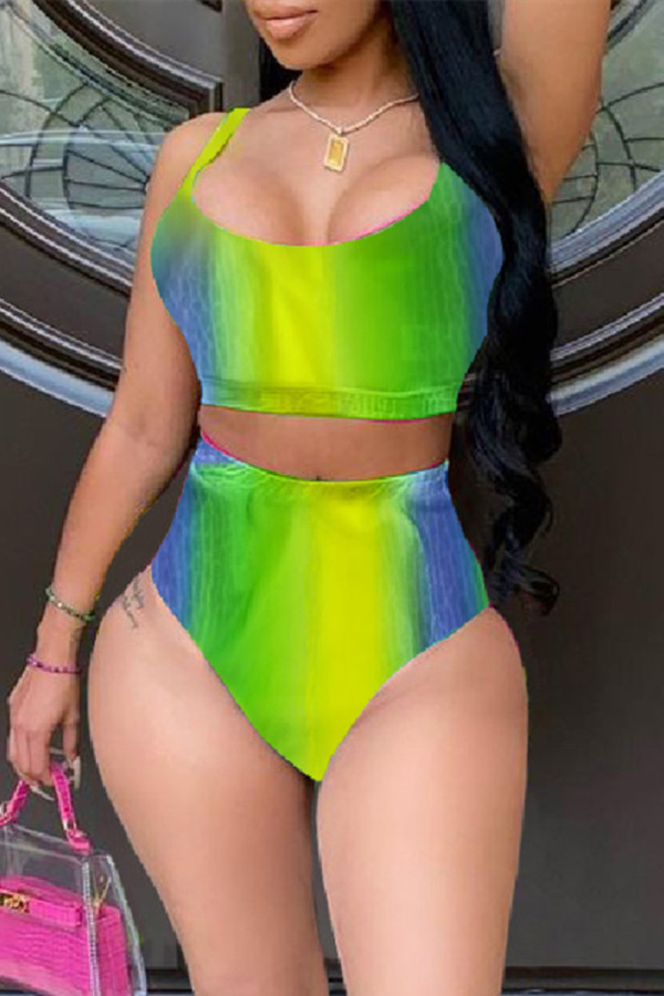 Green Fashion Sexy Print Backless Swimwears