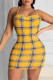 Yellow Sexy Plaid Striped Print Patchwork Spaghetti Strap Pencil Skirt Dresses