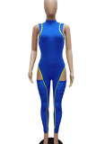 Blue Sexy Solid Hollowed Out Patchwork Mesh Half A Turtleneck Skinny Jumpsuits