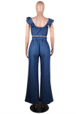 Blue Fashion Casual Solid Backless O Neck Sleeveless Two Pieces